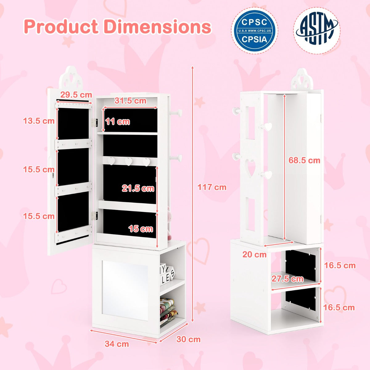 3-in-1 Freestanding Kids Jewelry Cabinet Armoire with Full Length Mirror-White