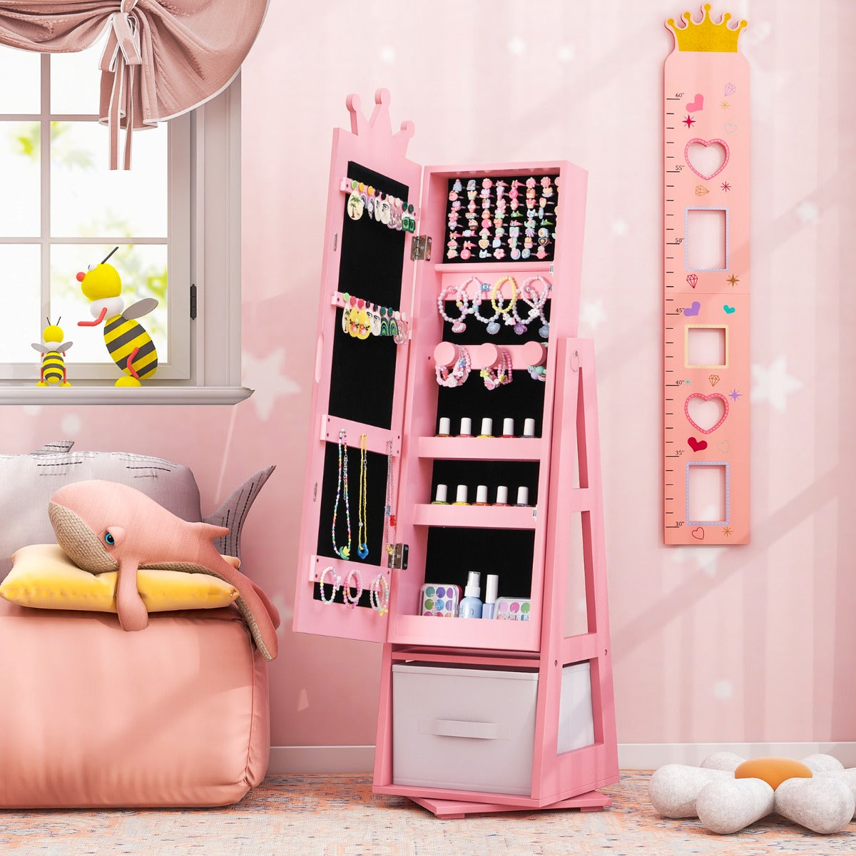3-in-1 360° Swivel Kids Jewelry Cabinet with Dressing Mirror and Storage Rack