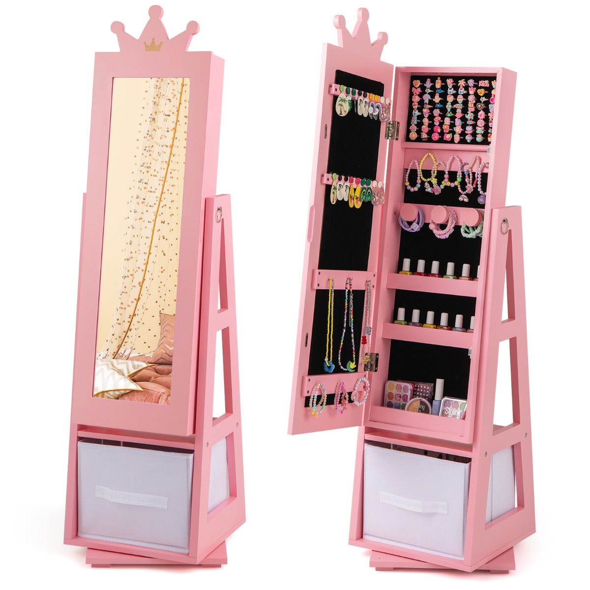 3-in-1 360° Swivel Kids Jewelry Cabinet with Dressing Mirror and Storage Rack