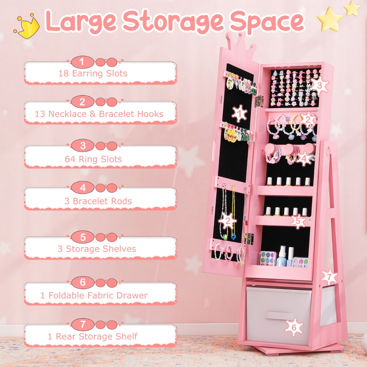 3-in-1 360° Swivel Kids Jewelry Cabinet with Dressing Mirror and Storage Rack
