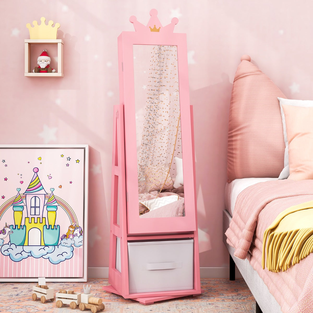 3-in-1 360° Swivel Kids Jewelry Cabinet with Dressing Mirror and Storage Rack
