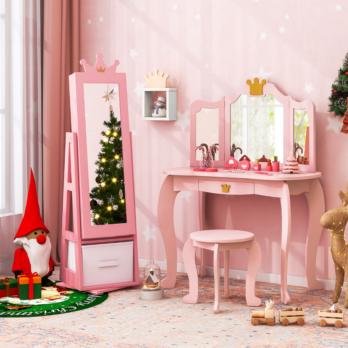 3-in-1 360° Swivel Kids Jewelry Cabinet with Dressing Mirror and Storage Rack