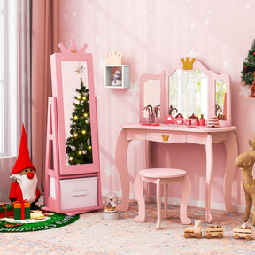 3-in-1 360° Swivel Kids Jewelry Cabinet with Dressing Mirror and Storage Rack