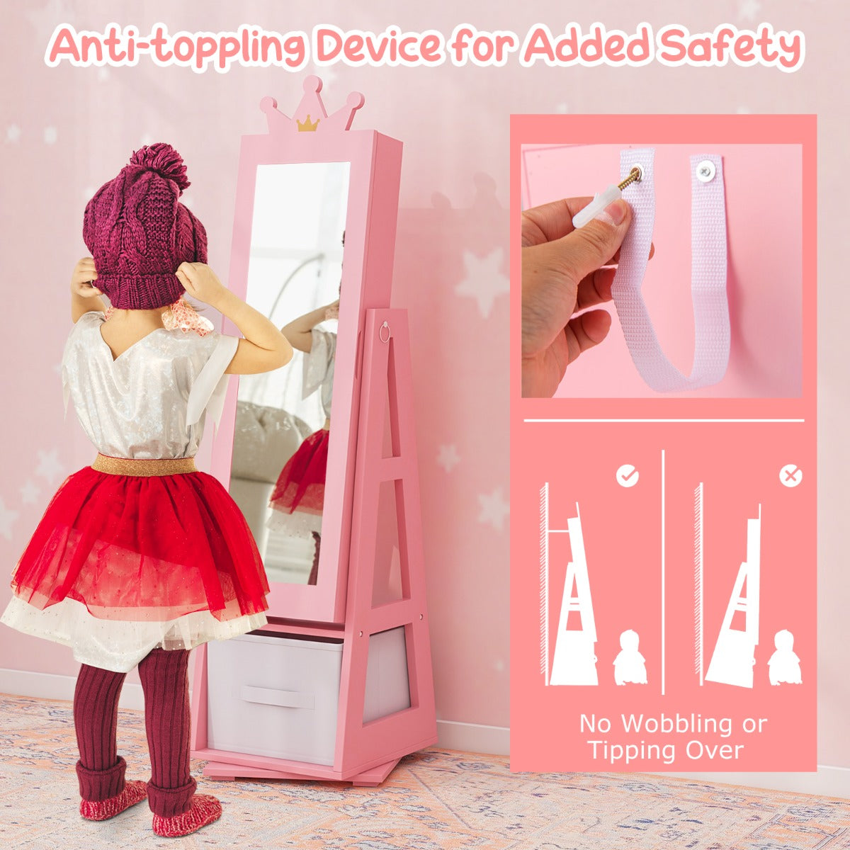 3-in-1 360° Swivel Kids Jewelry Cabinet with Dressing Mirror and Storage Rack
