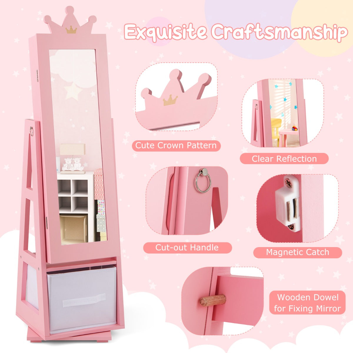 3-in-1 360° Swivel Kids Jewelry Cabinet with Dressing Mirror and Storage Rack