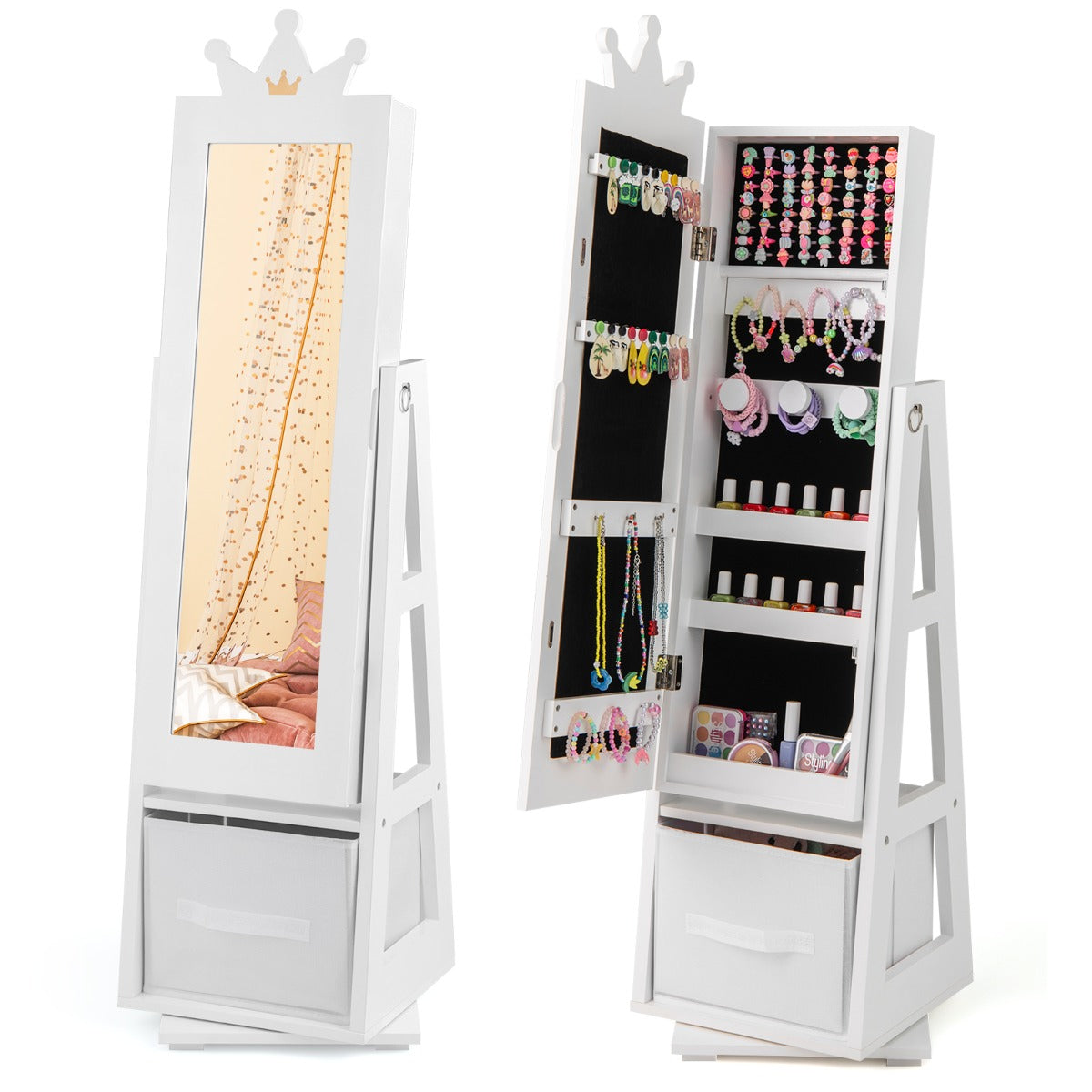 3-in-1 360° Swivel Kids Jewelry Cabinet with Dressing Mirror and Storage Rack