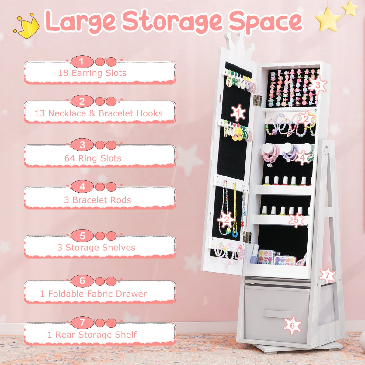 3-in-1 360° Swivel Kids Jewelry Cabinet with Dressing Mirror and Storage Rack