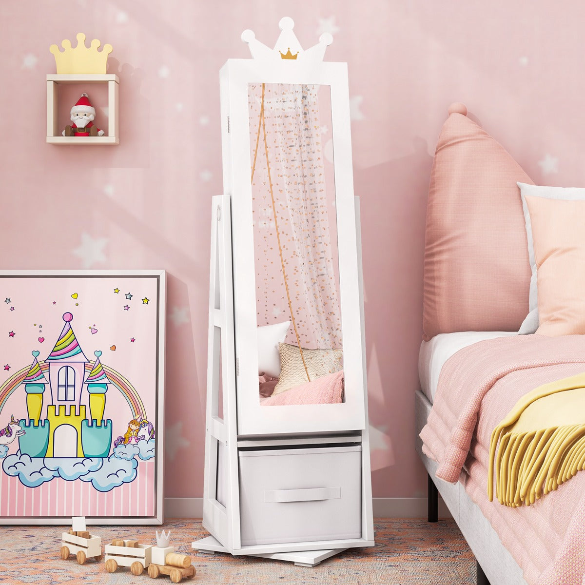 3-in-1 360° Swivel Kids Jewelry Cabinet with Dressing Mirror and Storage Rack