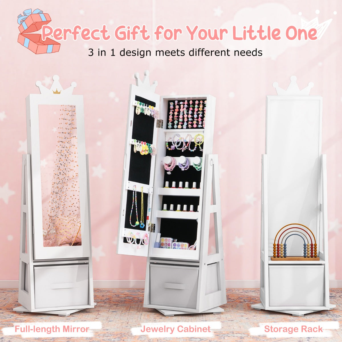 3-in-1 360° Swivel Kids Jewelry Cabinet with Dressing Mirror and Storage Rack