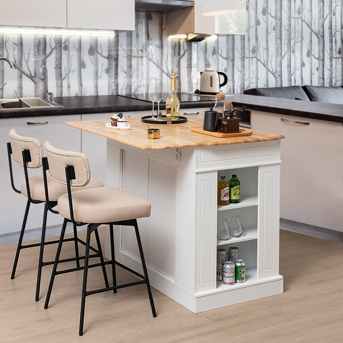 Kitchen Island with Drop Leaf Countertop and 3-Level Adjustable Shelves