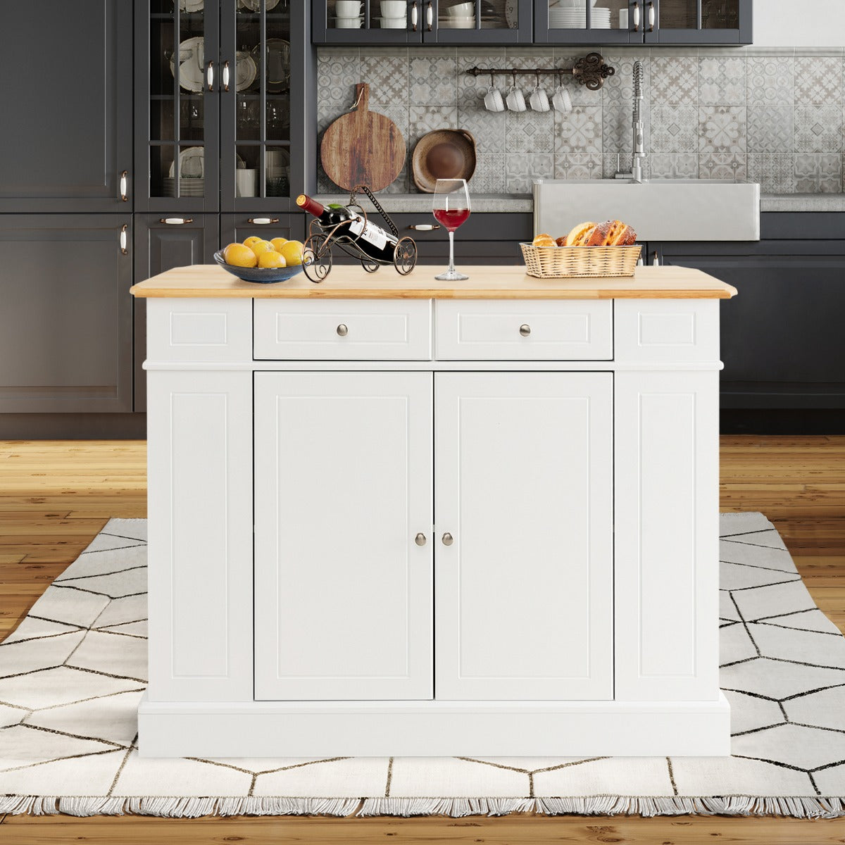 Kitchen Island with Drop Leaf Countertop and 3-Level Adjustable Shelves