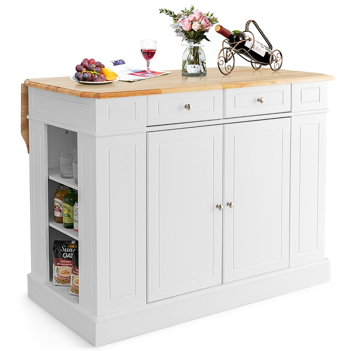 Kitchen Island with Drop Leaf Countertop and 3-Level Adjustable Shelves