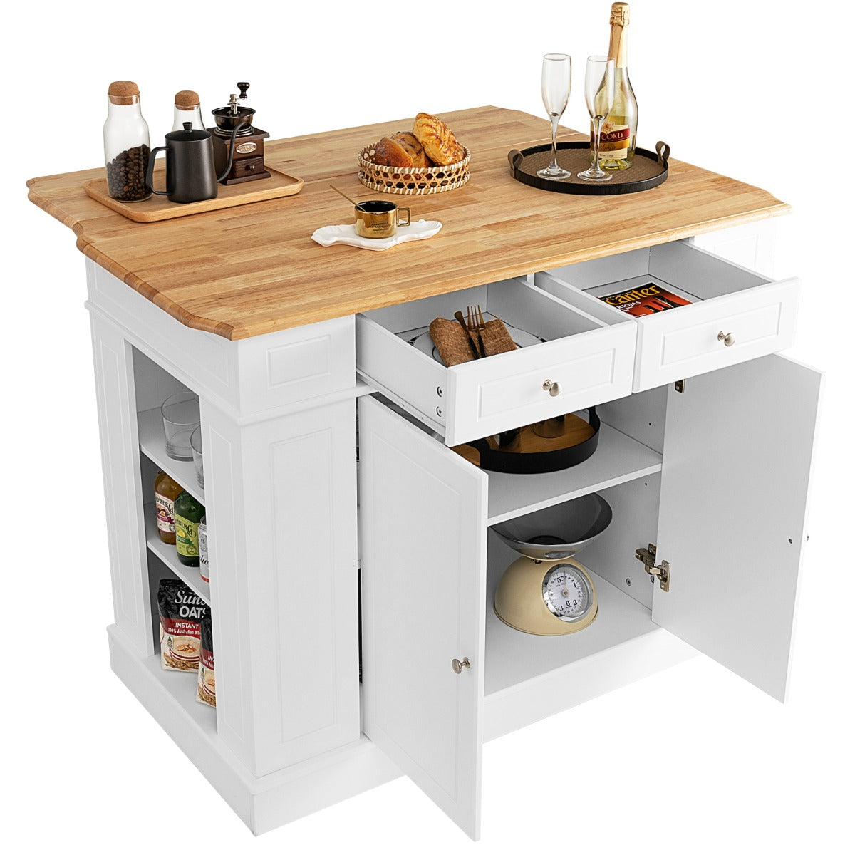 Kitchen Island with Drop Leaf Countertop and 3-Level Adjustable Shelves