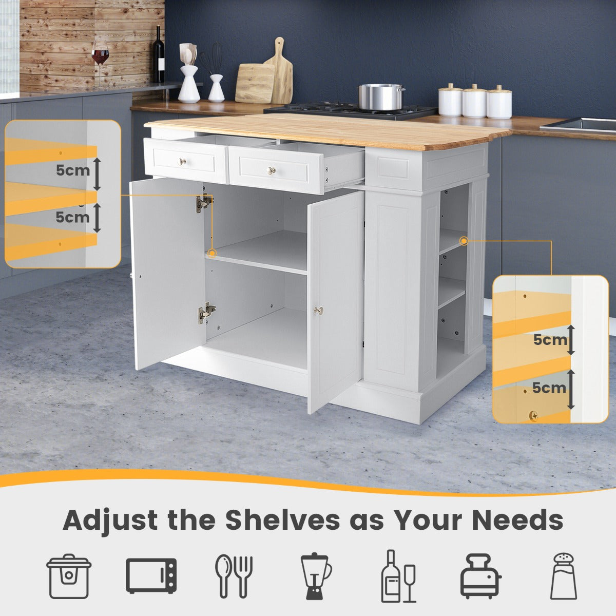 Kitchen Island with Drop Leaf Countertop and 3-Level Adjustable Shelves