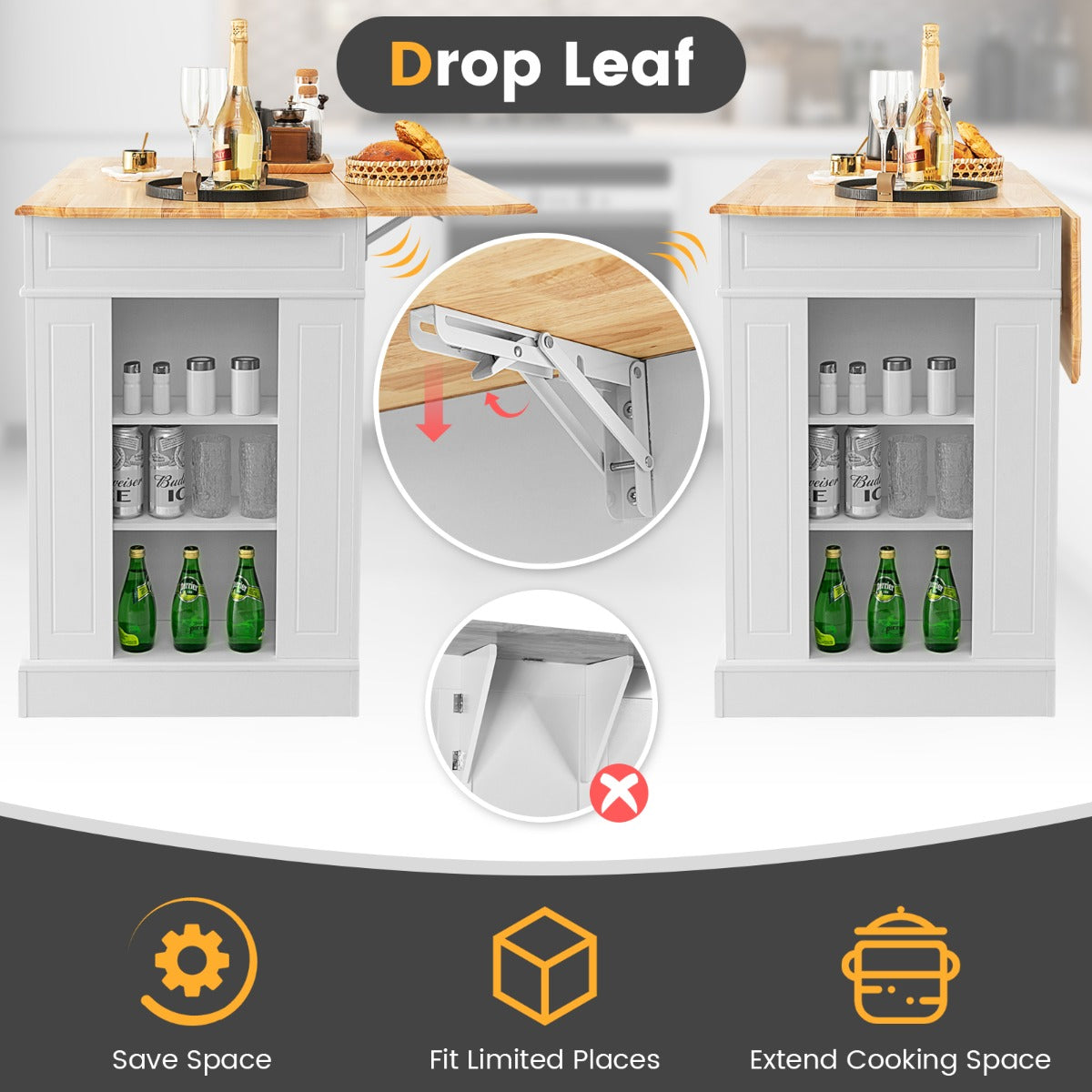 Kitchen Island with Drop Leaf Countertop and 3-Level Adjustable Shelves