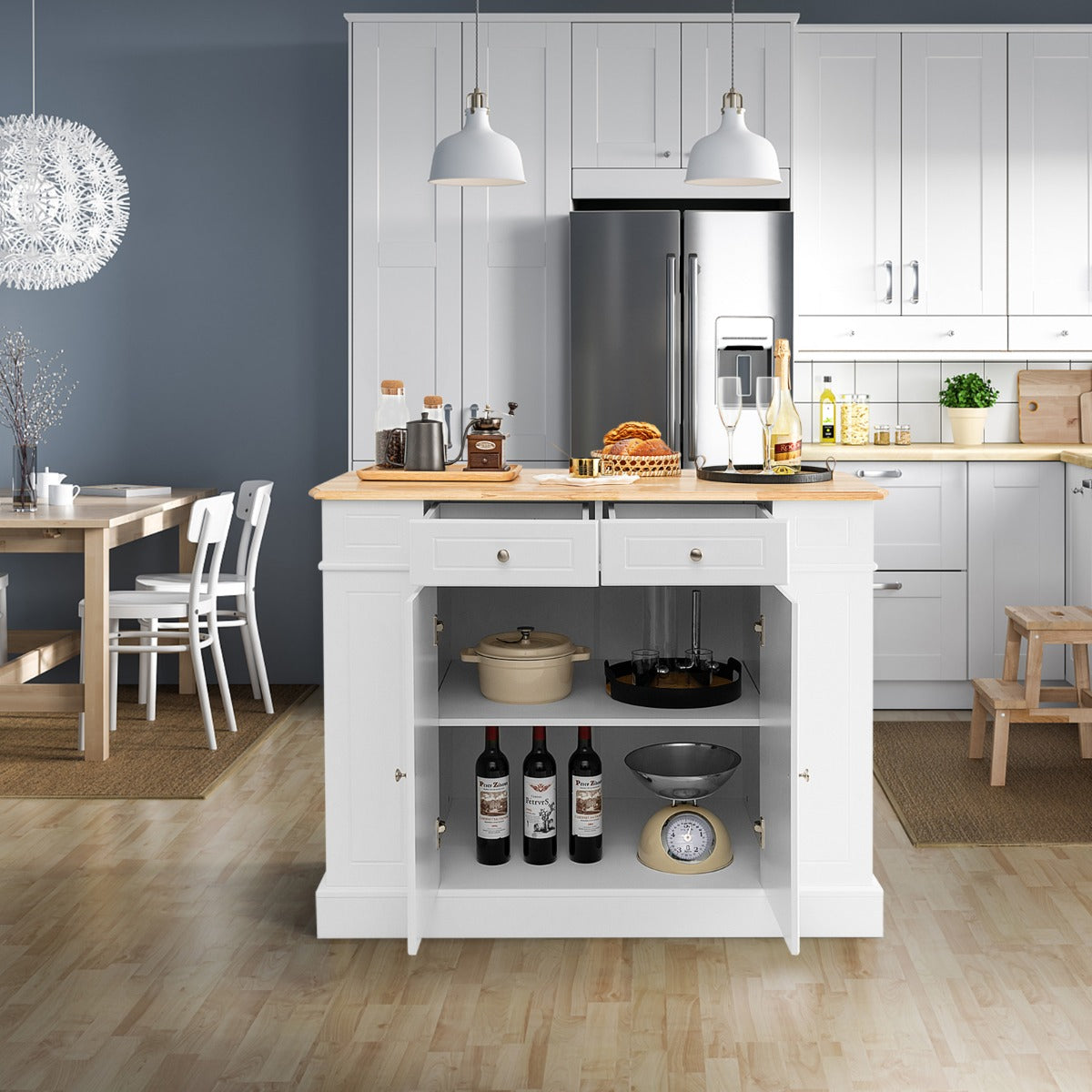 Kitchen Island with Drop Leaf Countertop and 3-Level Adjustable Shelves