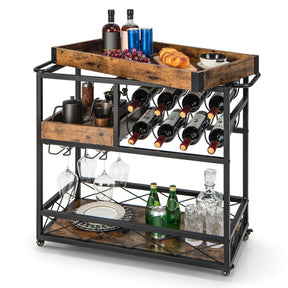 3-Tier Rolling Bar Cart with Removable Tray for Dining Room