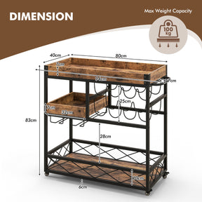3-Tier Rolling Bar Cart with Removable Tray for Dining Room