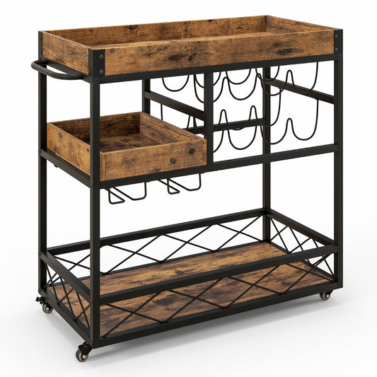 3-Tier Rolling Bar Cart with Removable Tray for Dining Room