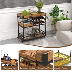 3-Tier Rolling Bar Cart with Removable Tray for Dining Room