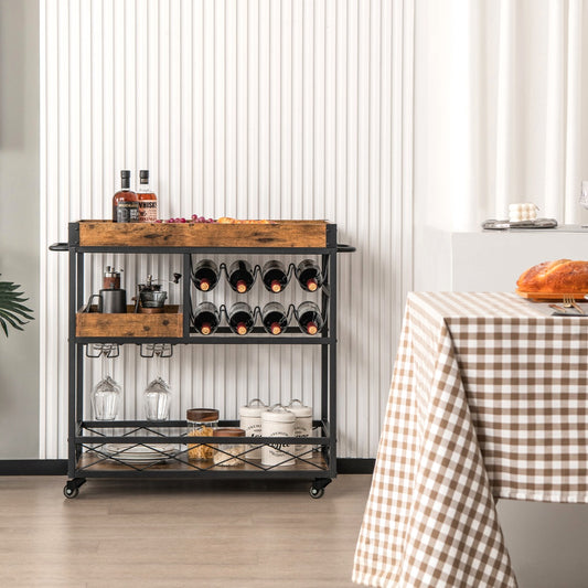 3-Tier Rolling Bar Cart with Removable Tray for Dining Room