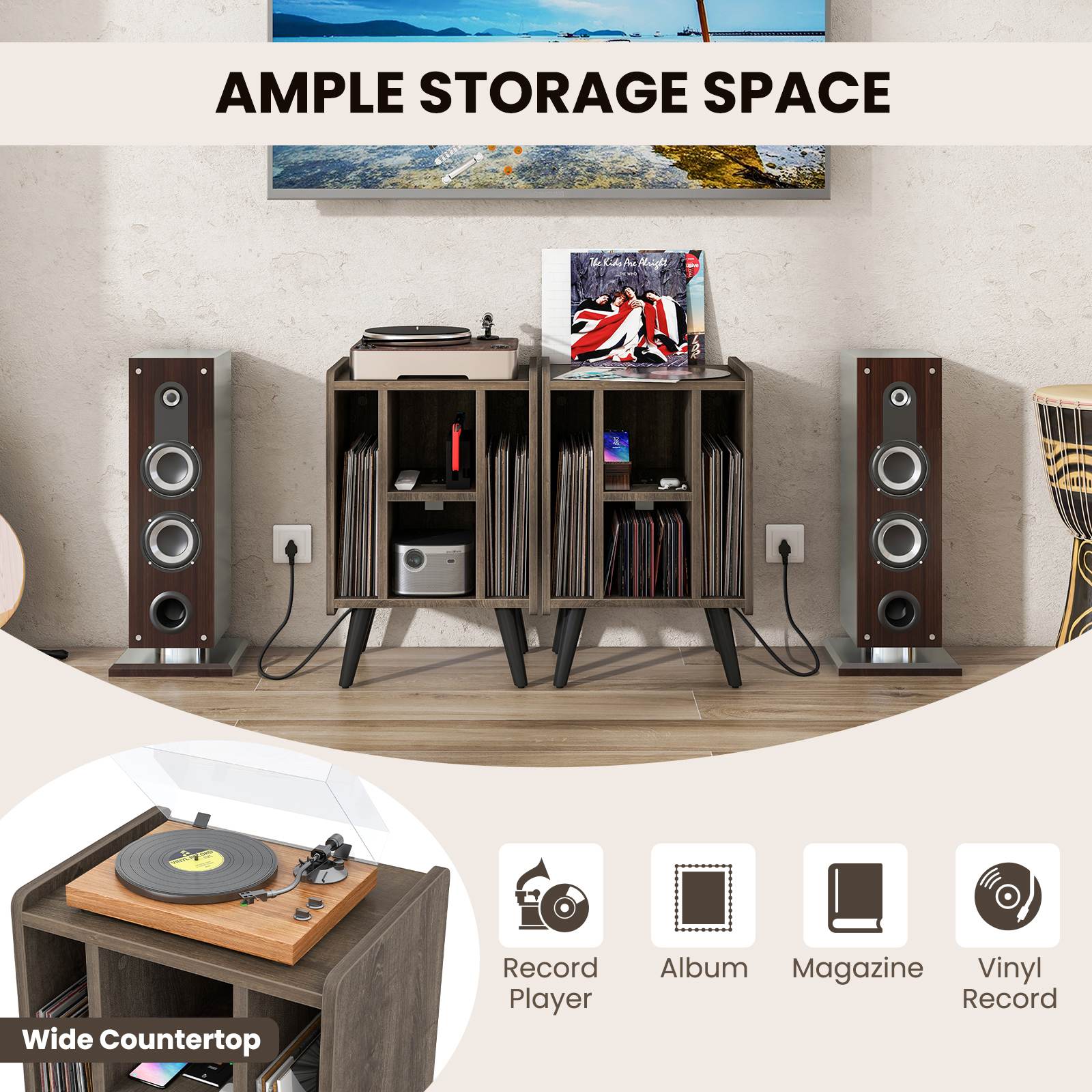 Record Player Stand Vinyl Storage Turntable Cabinet with Power Outlet & USB