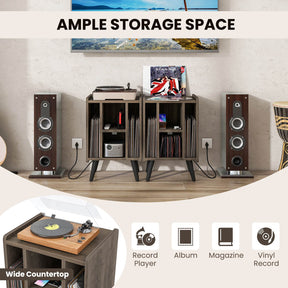 Record Player Stand Vinyl Storage Turntable Cabinet with Power Outlet & USB
