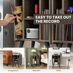 Record Player Stand Vinyl Storage Turntable Cabinet with Power Outlet & USB