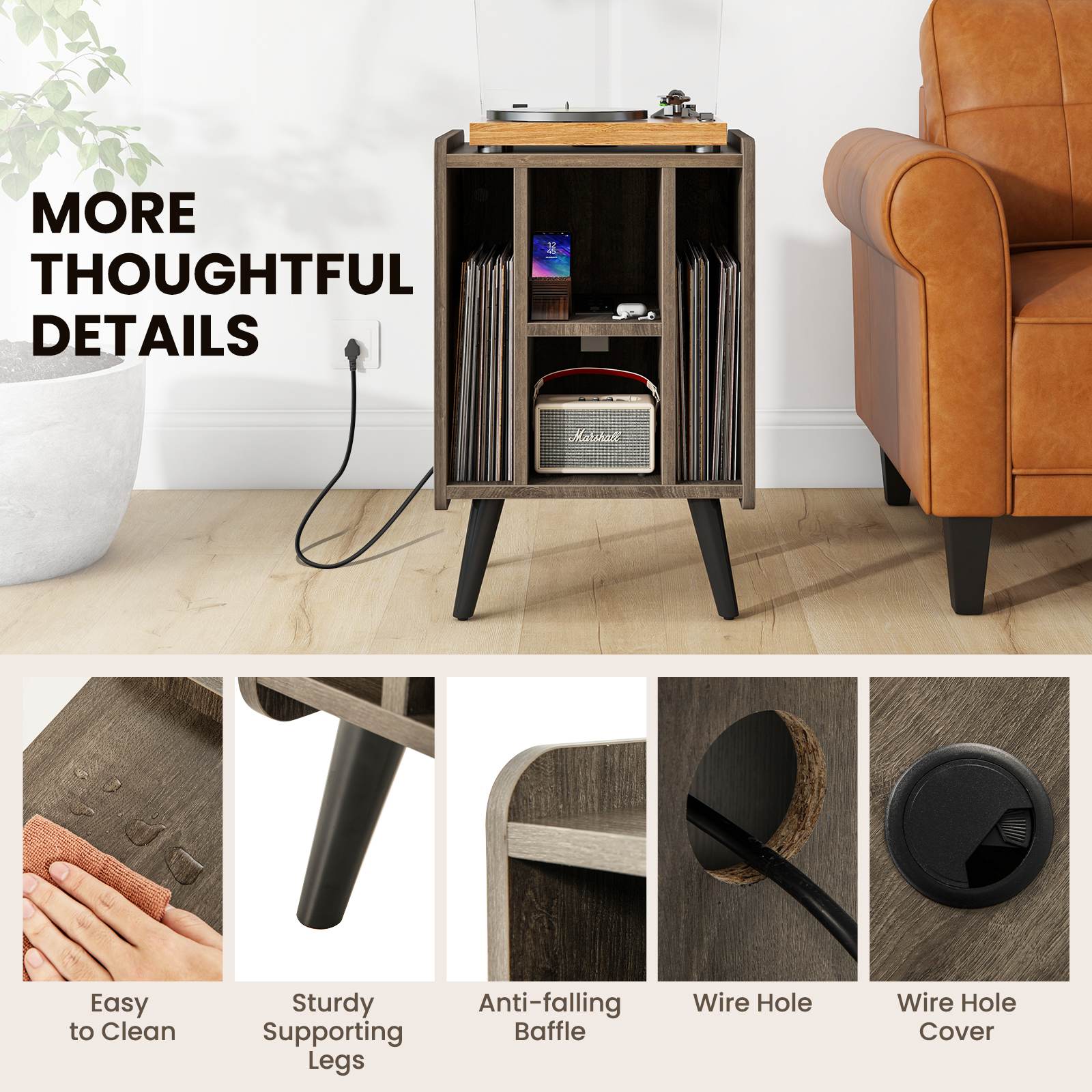 Record Player Stand Vinyl Storage Turntable Cabinet with Power Outlet & USB
