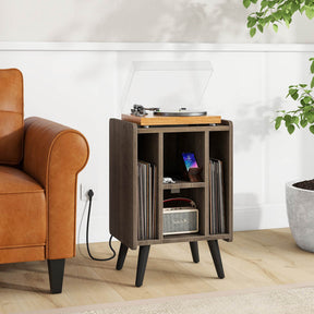 Record Player Stand Vinyl Storage Turntable Cabinet with Power Outlet & USB