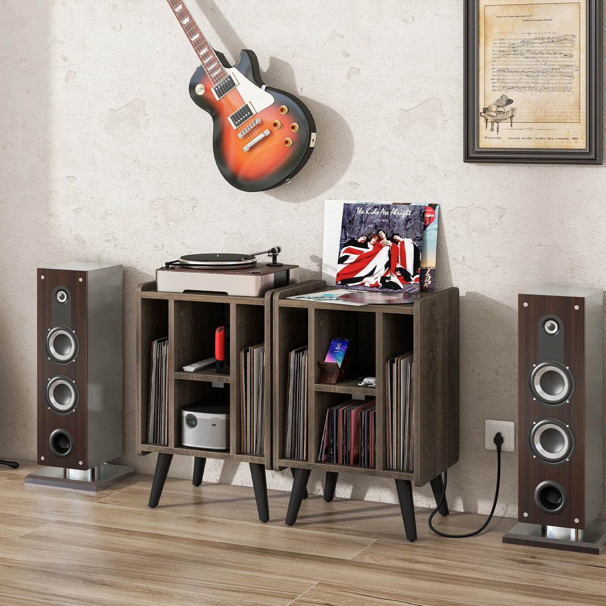 Record Player Stand Vinyl Storage Turntable Cabinet with Power Outlet & USB