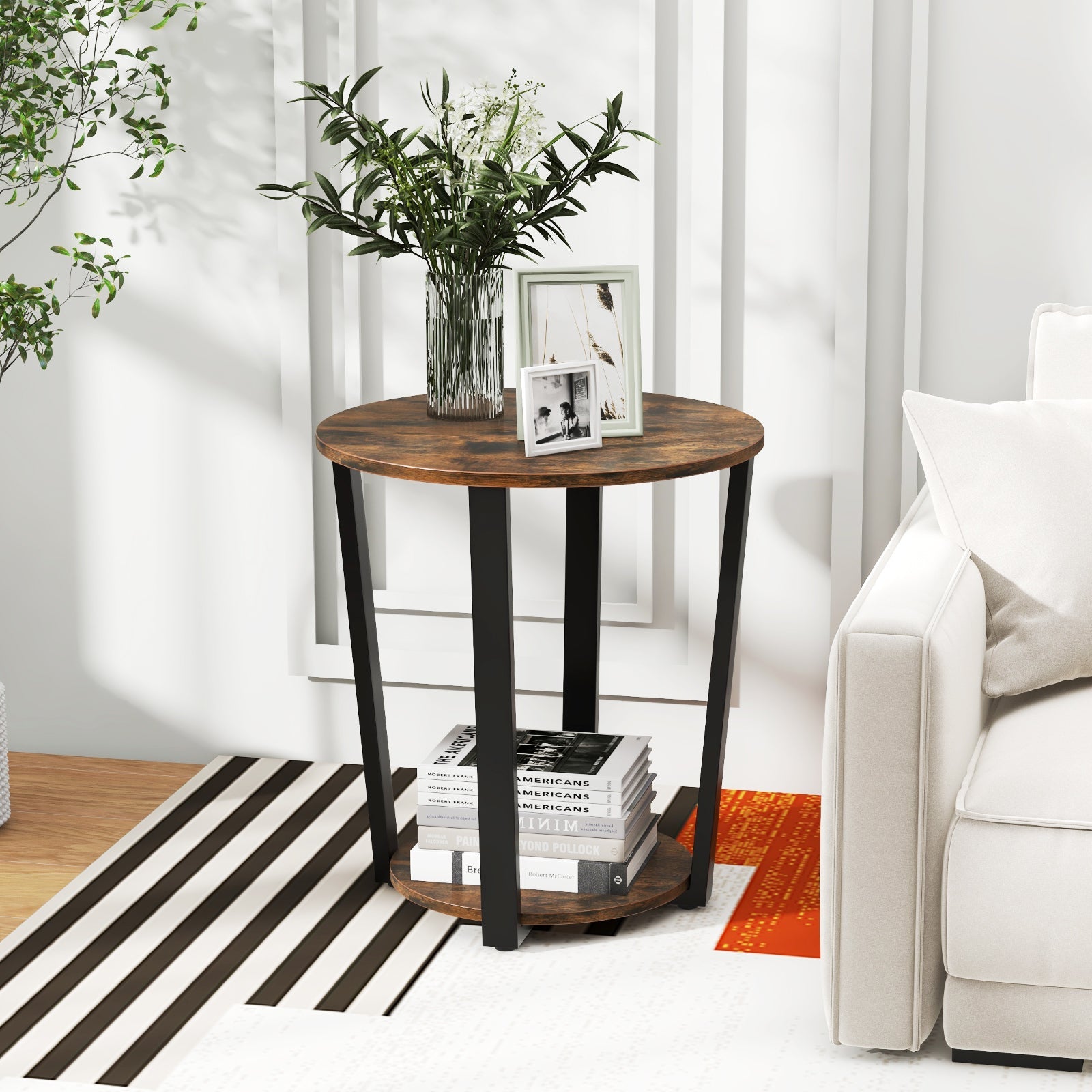 2-Tier Round End Table Side Table w/ Open Shelf Accent Nightstand Bedside Table