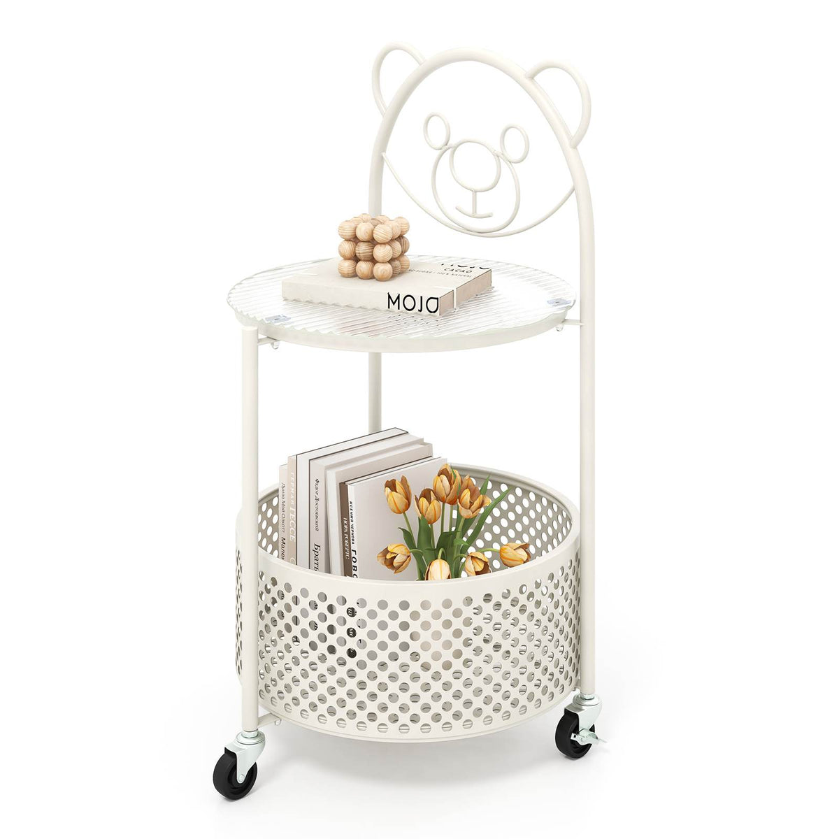 HONEY JOY 2-Tier Round End Table Storage Side Table Bedroom w/Lockable Wheels