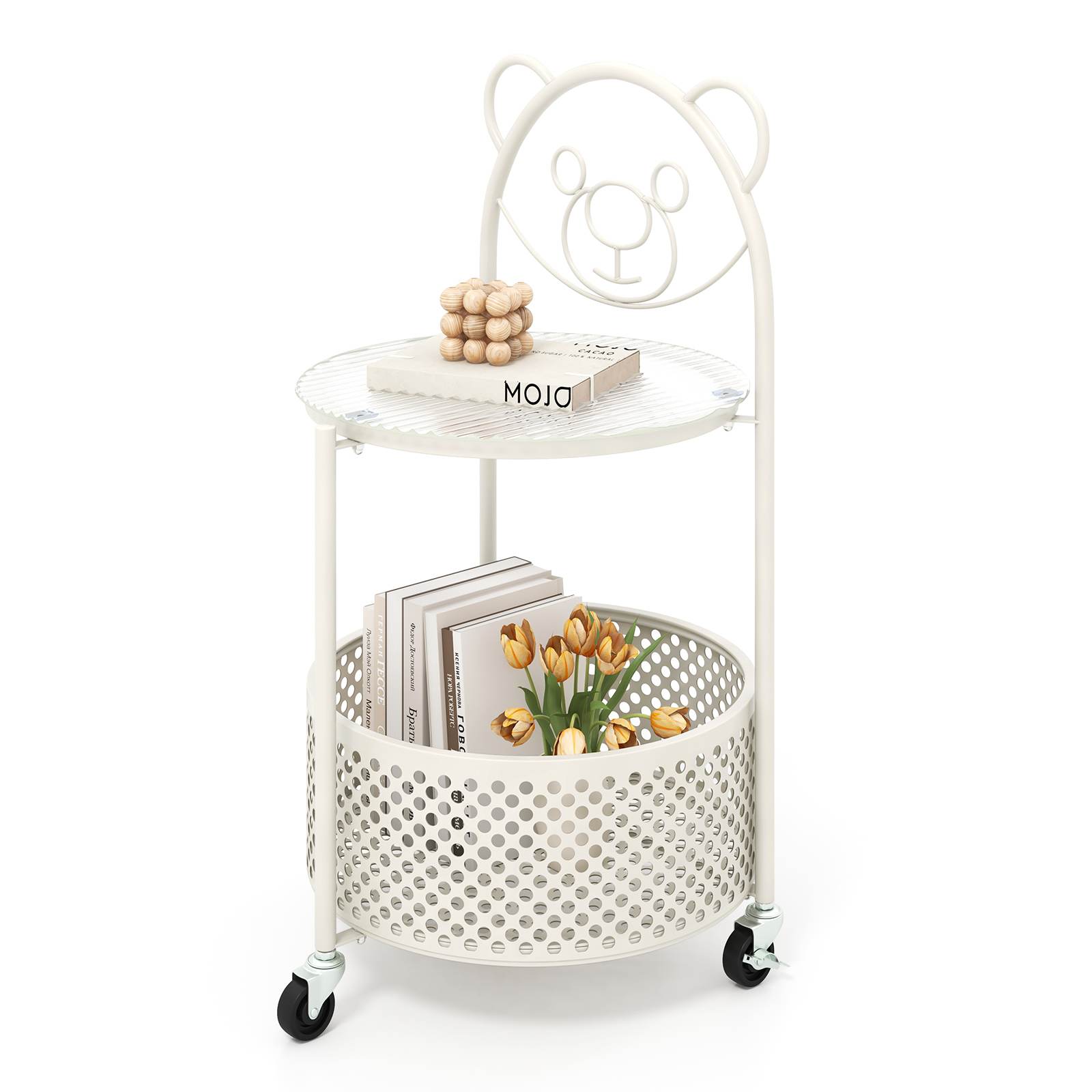 HONEY JOY 2-Tier Round End Table Storage Side Table Bedroom w/Lockable Wheels