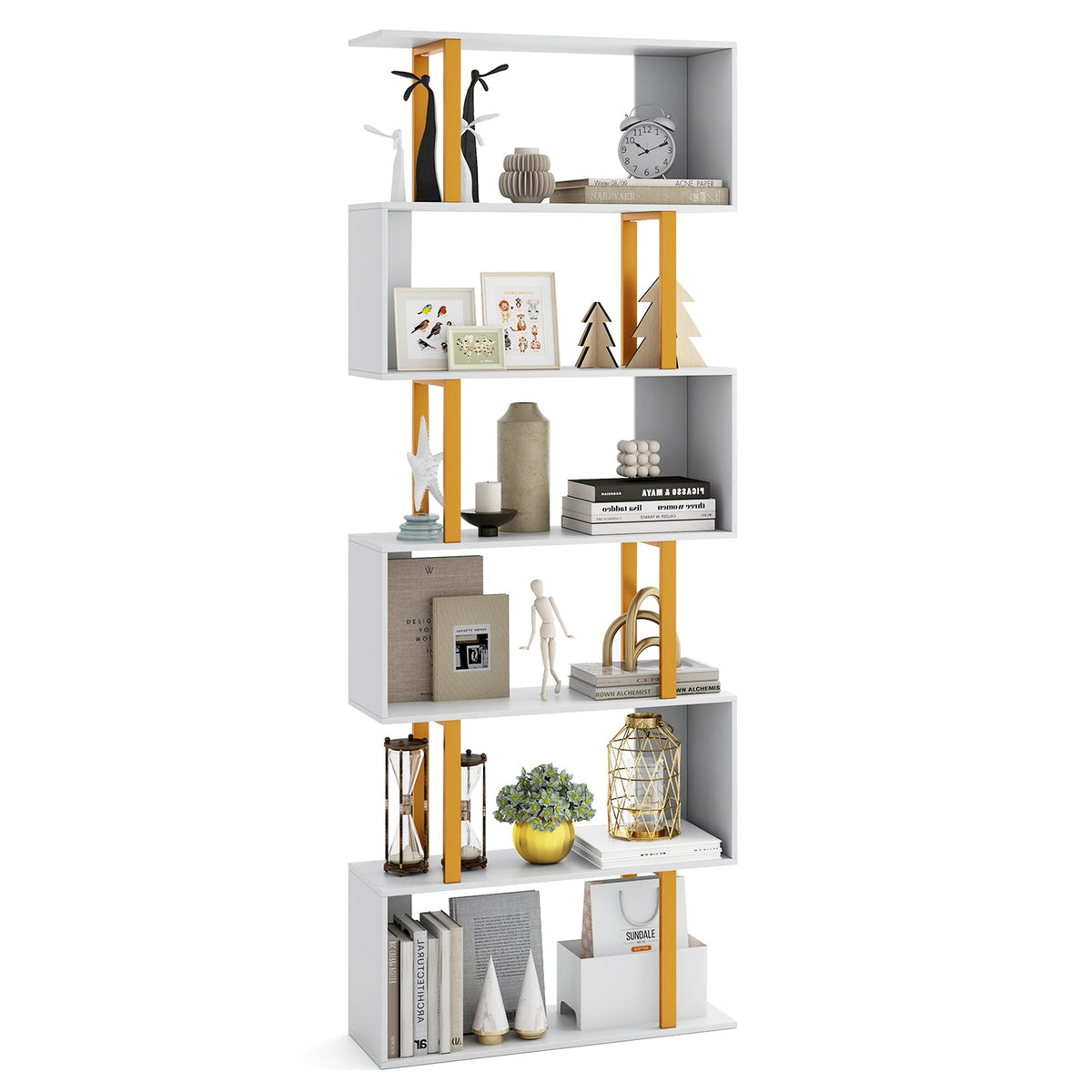 5/6-Tier Geometric Bookcase Decorative S-Shaped Storage Bookshelf w/ Metal Frame