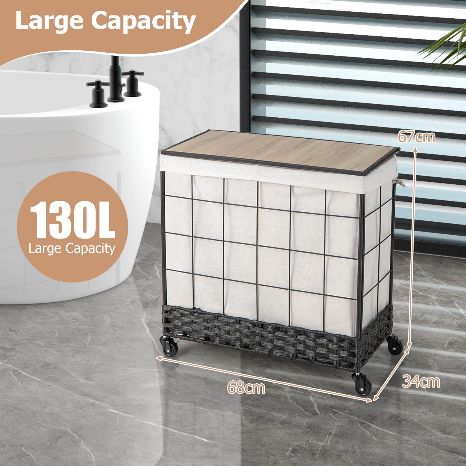 110/130L Laundry Hamper Handwoven Rattan Laundry Basket w/ Lid & Lockable Wheels