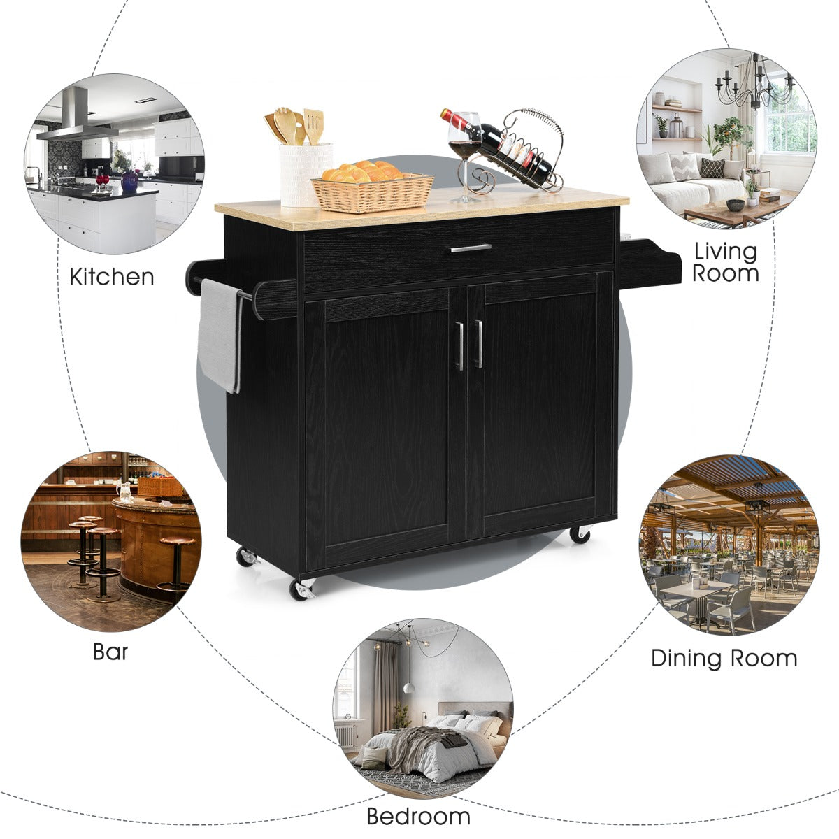 Kitchen Island Cart with Lockable Rubber Casters for Kitchen