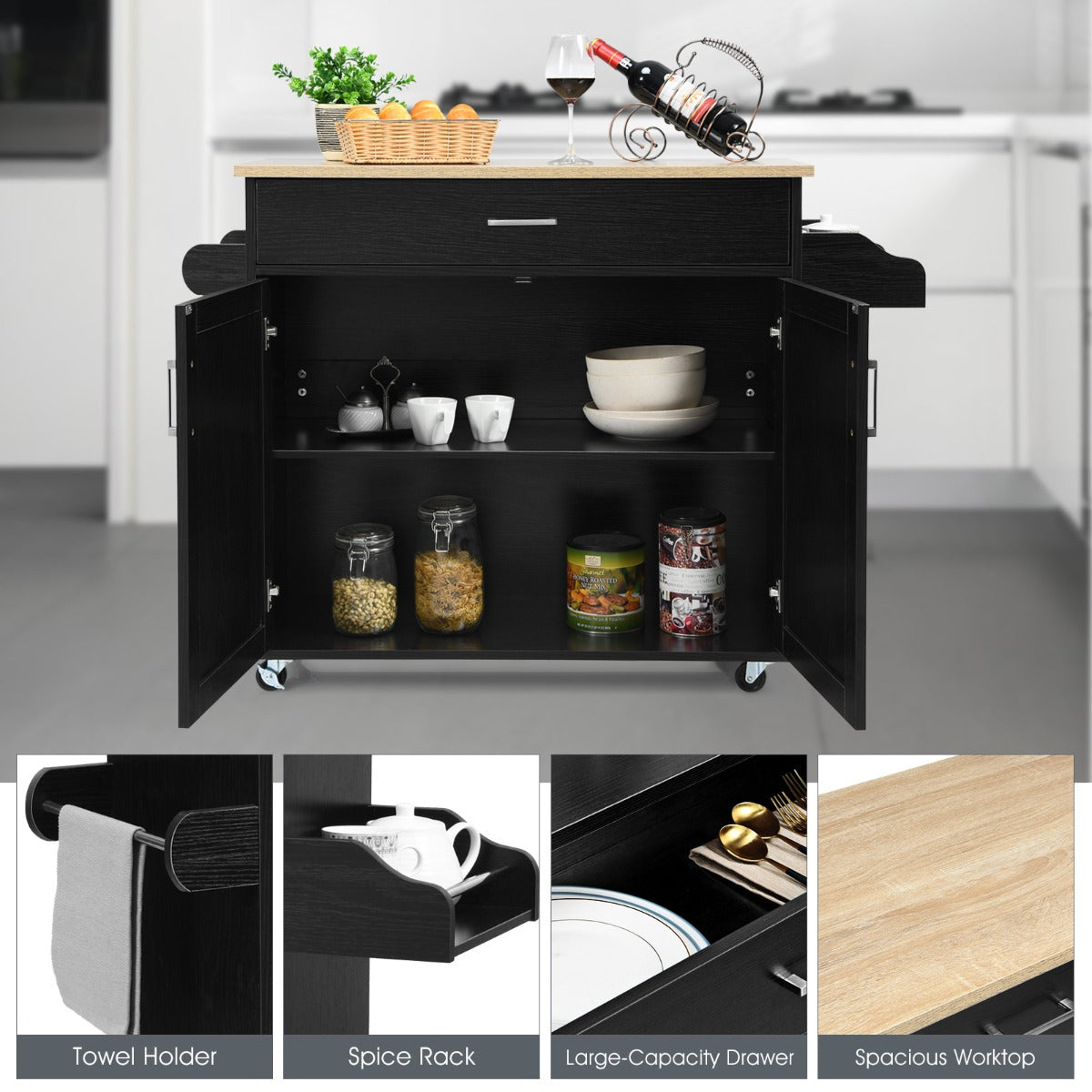 Kitchen Island Cart with Lockable Rubber Casters for Kitchen