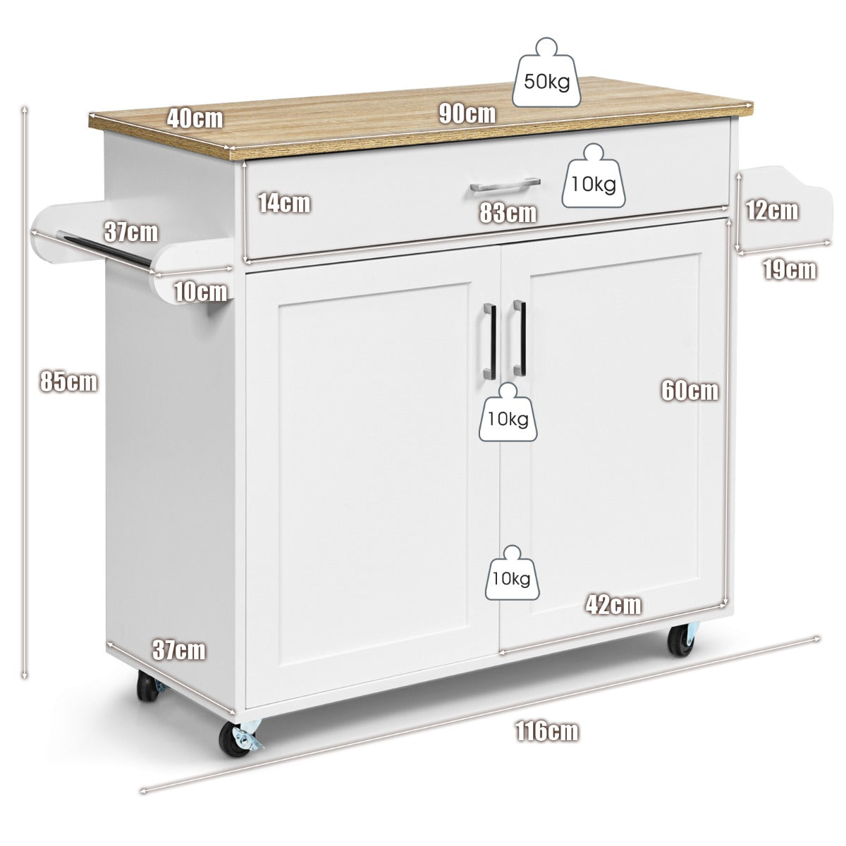 Kitchen Island Cart with Lockable Rubber Casters for Kitchen