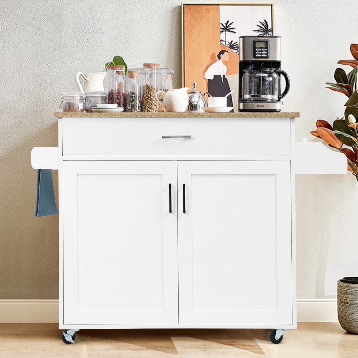 Kitchen Island Cart with Lockable Rubber Casters for Kitchen