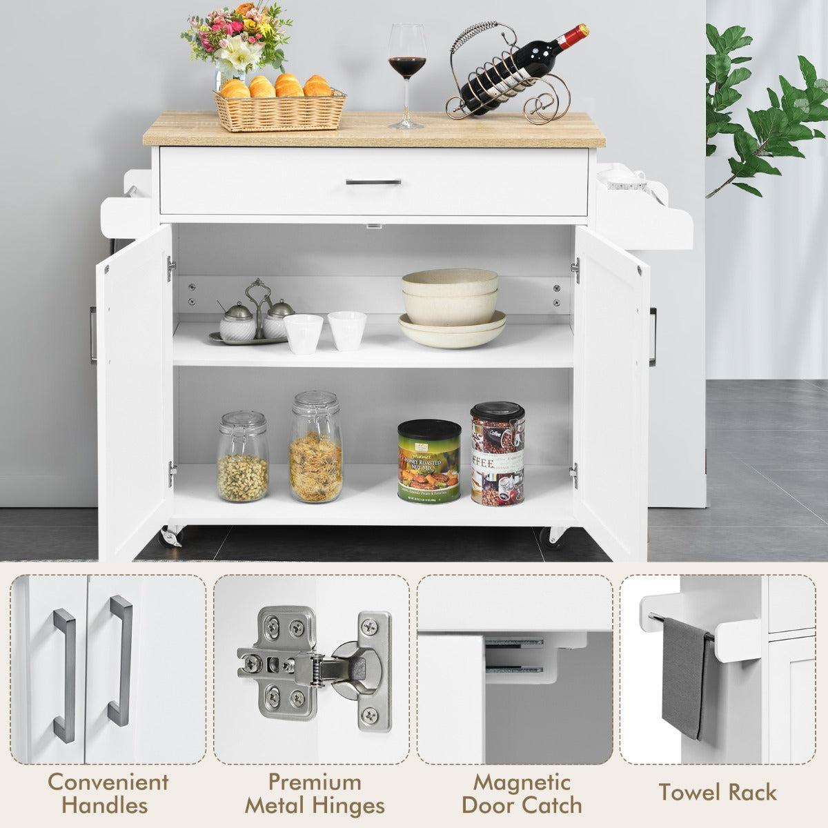 Kitchen Island Cart with Lockable Rubber Casters for Kitchen