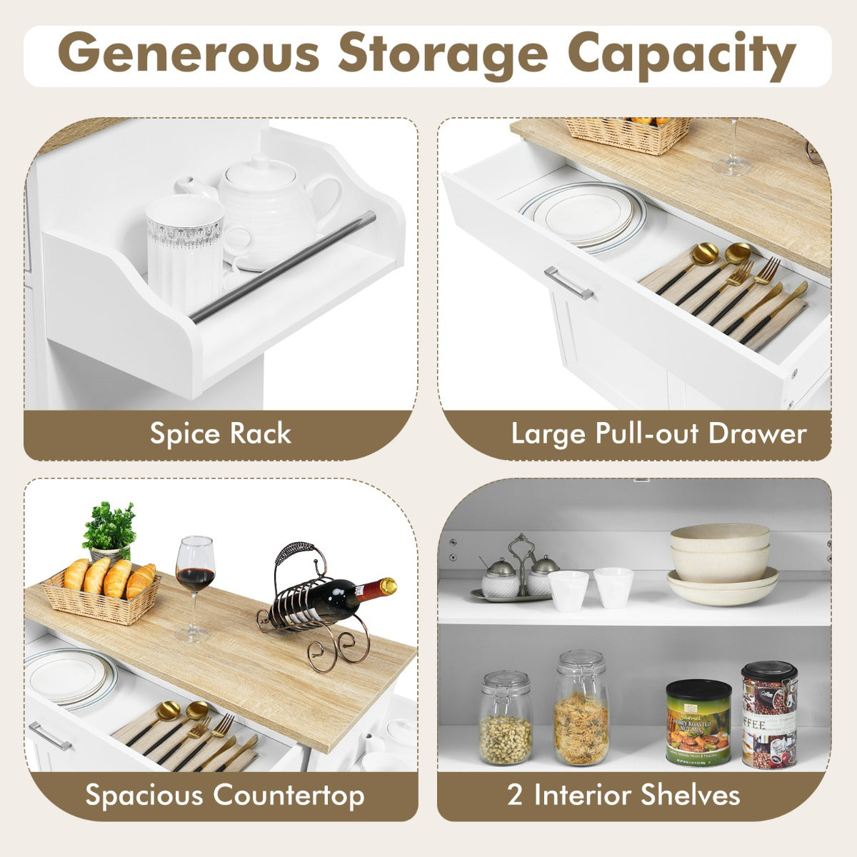 Kitchen Island Cart with Lockable Rubber Casters for Kitchen