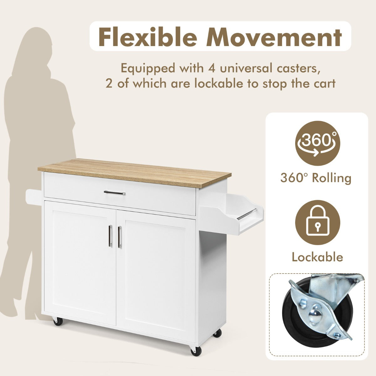 Kitchen Island Cart with Lockable Rubber Casters for Kitchen