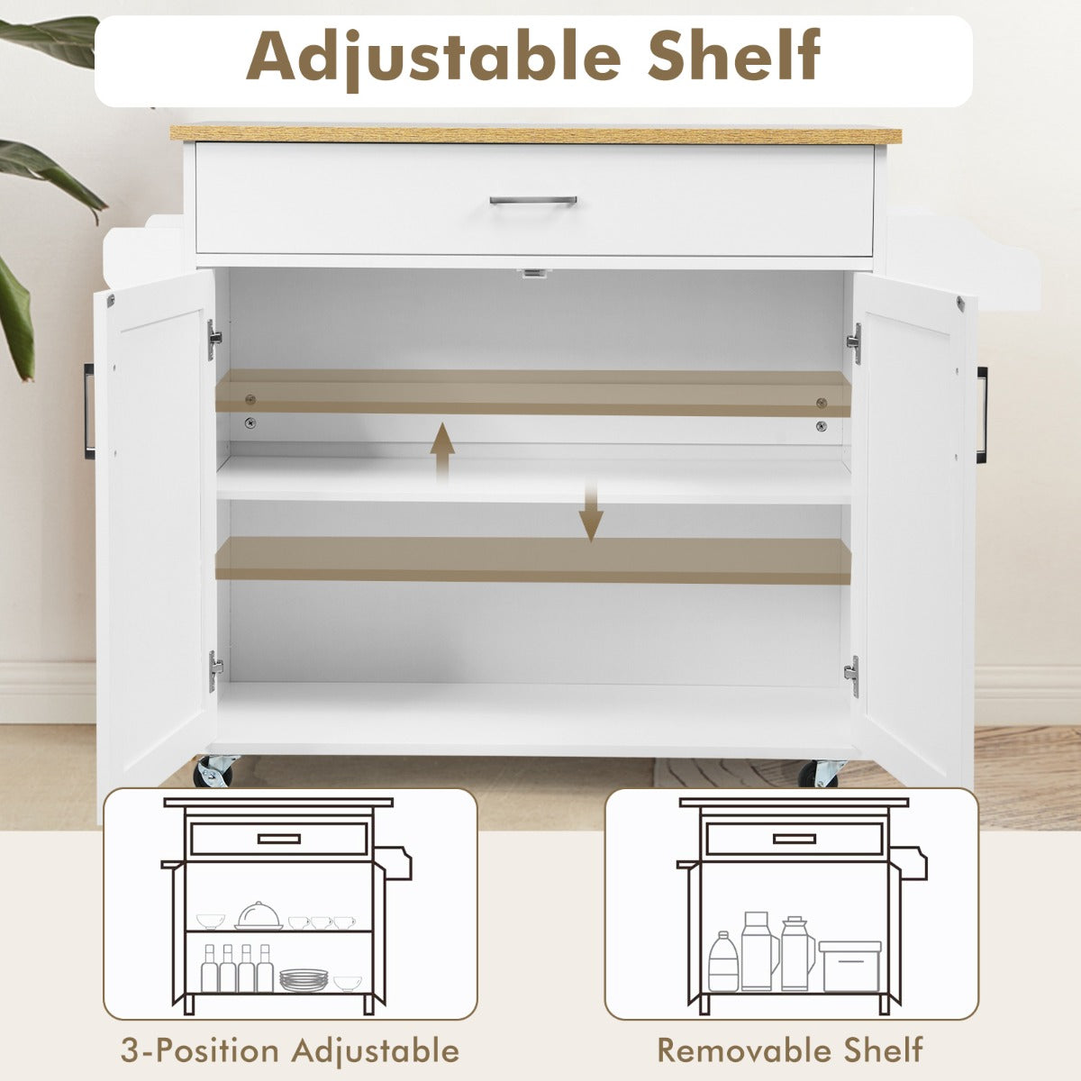 Kitchen Island Cart with Lockable Rubber Casters for Kitchen