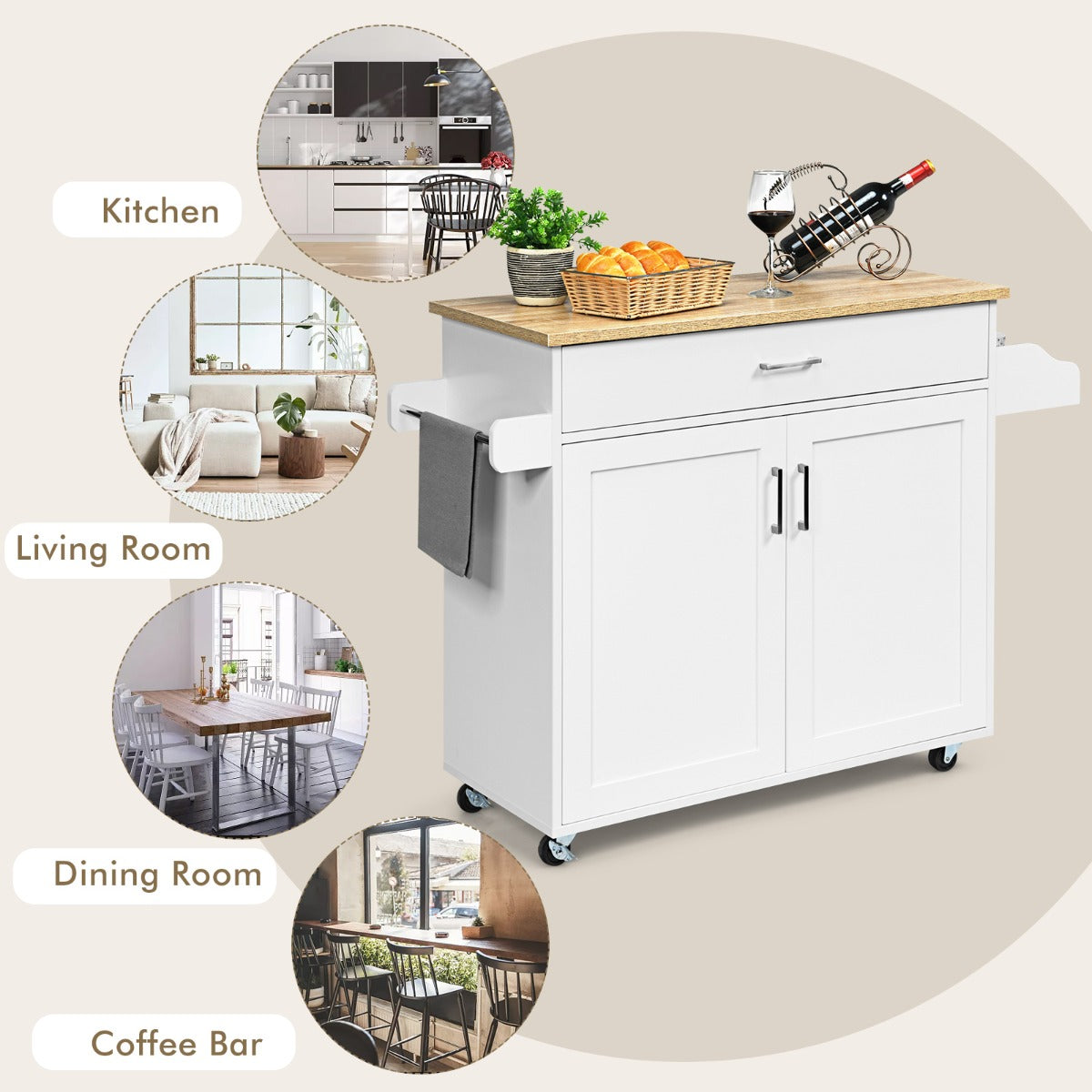 Kitchen Island Cart with Lockable Rubber Casters for Kitchen