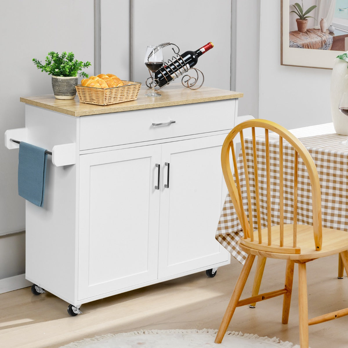 Kitchen Island Cart with Lockable Rubber Casters for Kitchen