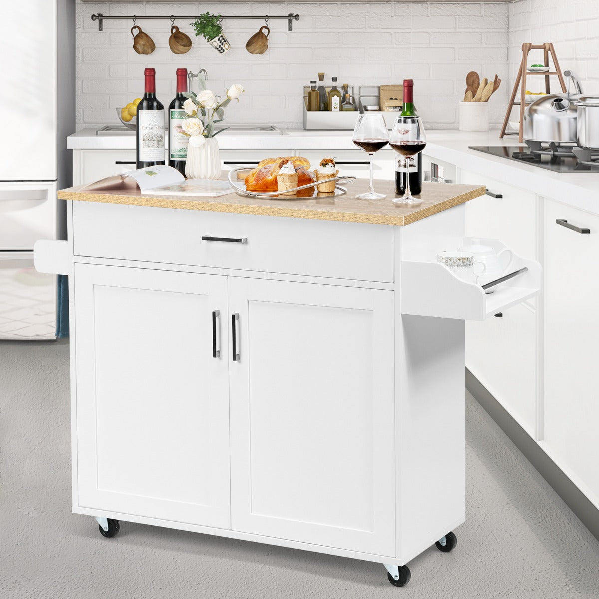 Kitchen Island Cart with Lockable Rubber Casters for Kitchen