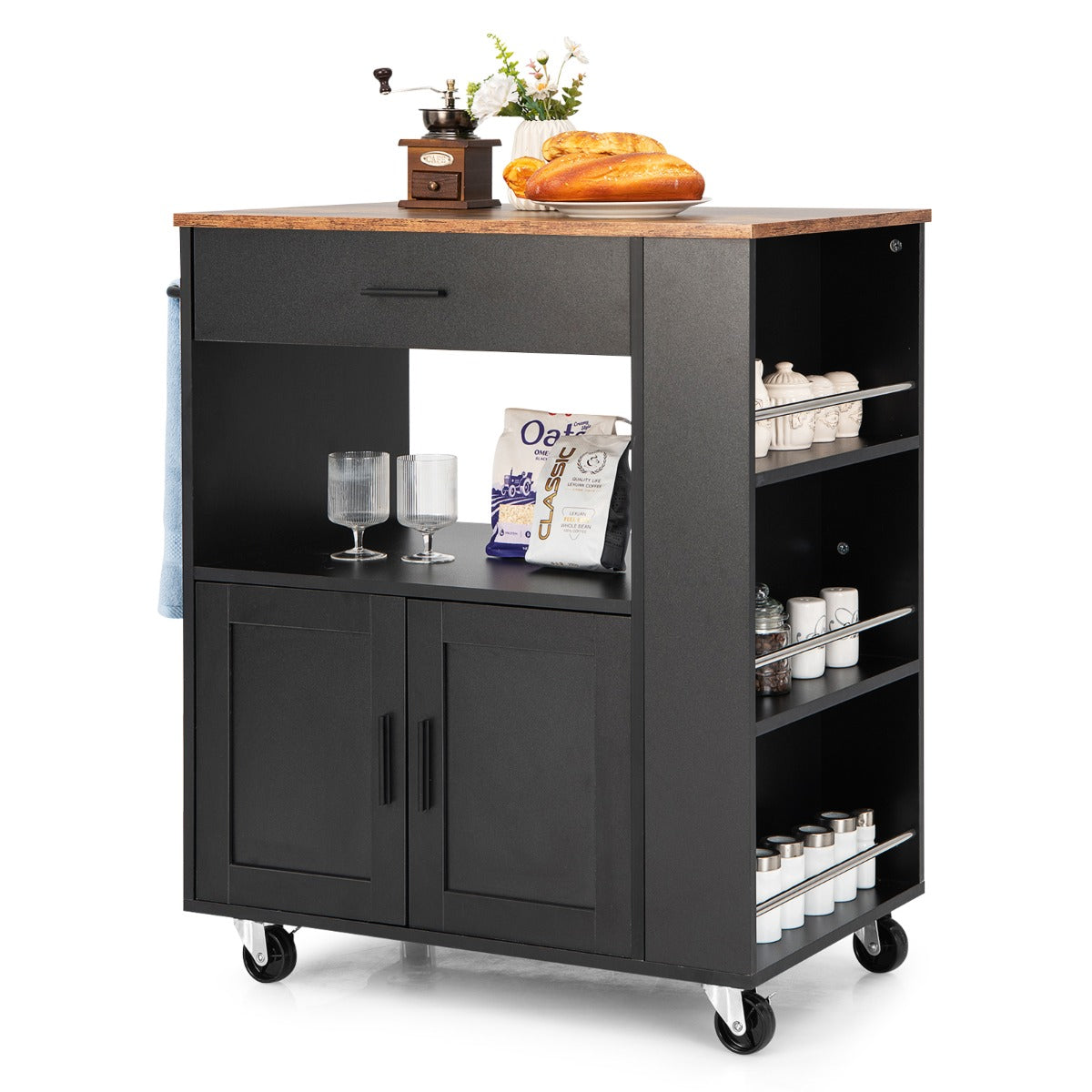 Rolling Kitchen Serving Trolley with 3 Spice Racks for Kitchen