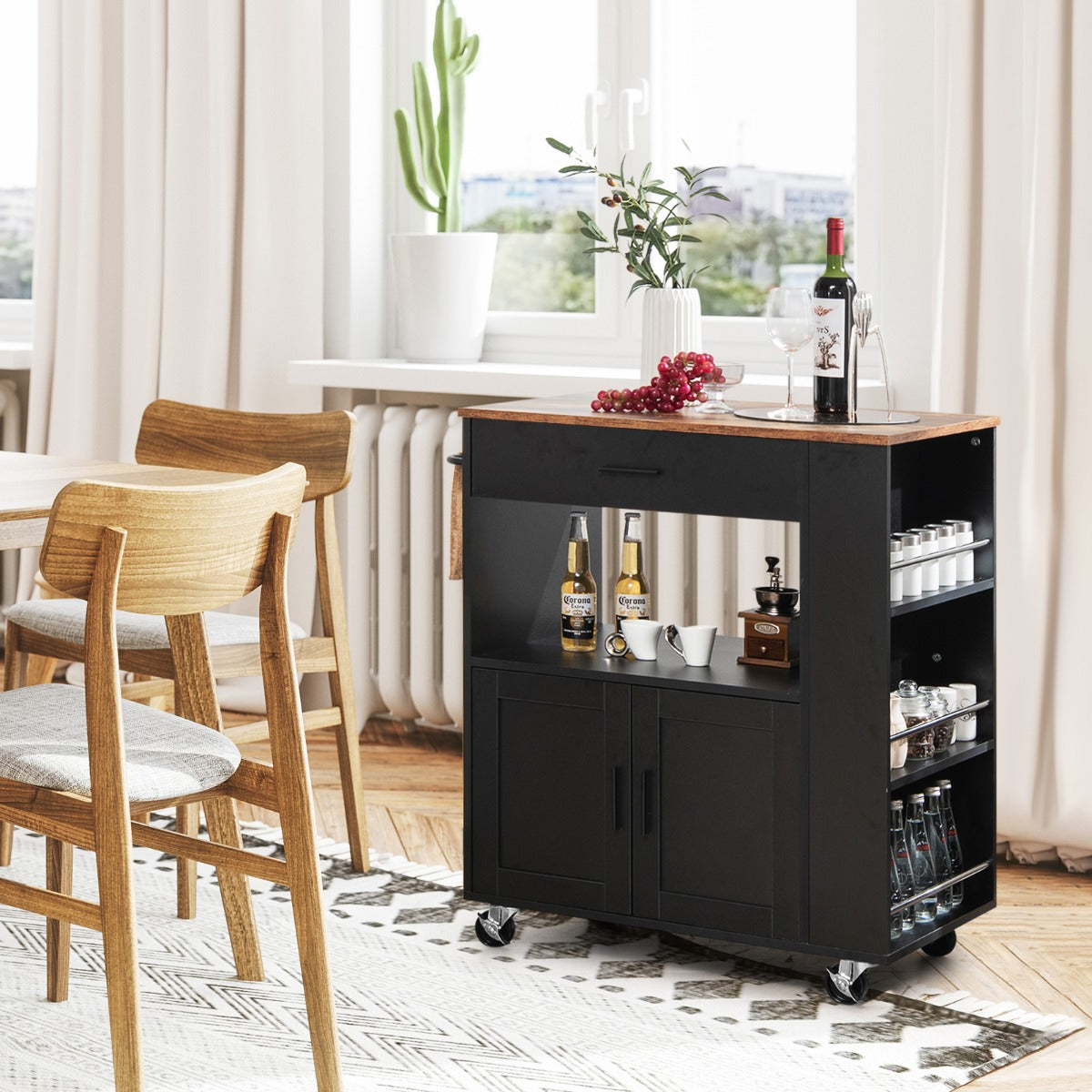 Rolling Kitchen Serving Trolley with 3 Spice Racks for Kitchen