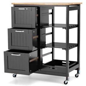 Kitchen Island with Rubber Wood Countertop & Lockable Casters